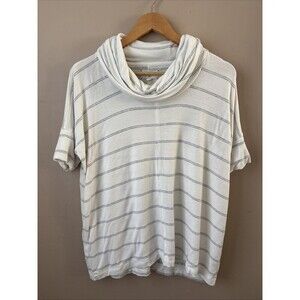 Lou & Grey Women's White & Gray Striped Short Sleeve Top, Slouchy Neckline, XS
